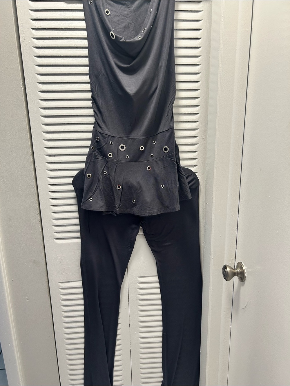 Women's Backless Hooded Top with Eyelet Peplum wits and Pant Set